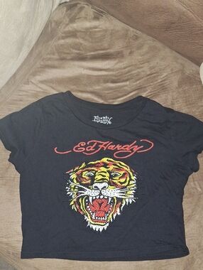 Ed Hardy Black Tee with Red Logo and Multicolor Tiger Graphic